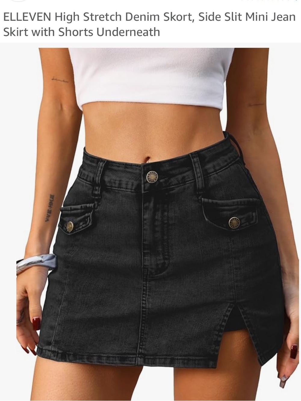 High-Waist Black Denim Mini Skirt with Side Slit